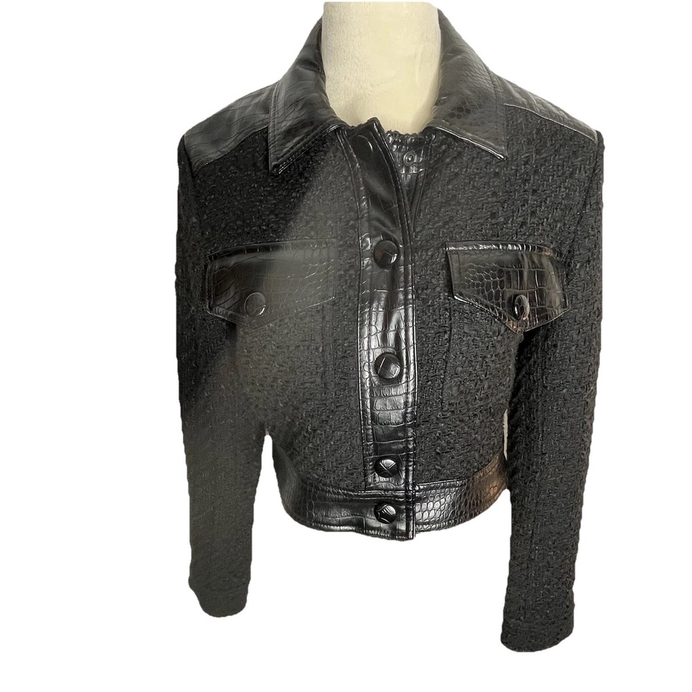 Christian Lacroix Snap Button Front Crocodile Trim Black Cropped Moto Jacket XS